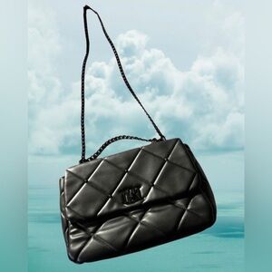 Badgley Mischka Black Quilted Vegan Leather Letter Lock Crossbody/Shoulder Bag